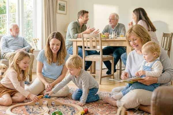 Multi-generational family spending time together at home, highlighting the importance of final expense insurance to cover burial costs and protect loved ones from financial burden.